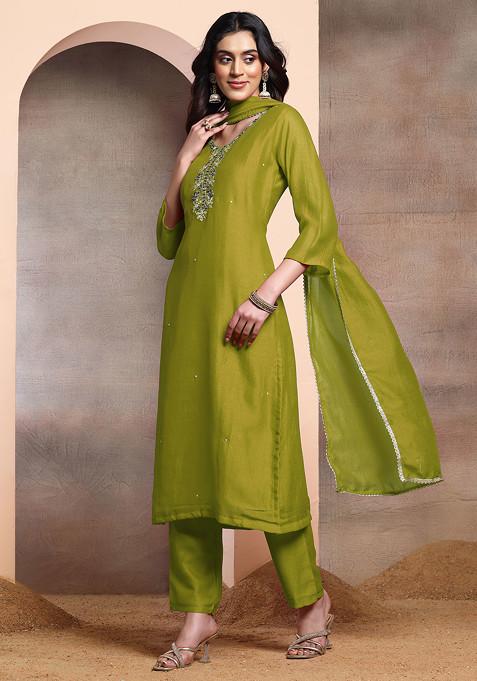 Olive Green Sequin Hand Embroidered Kurta Set With Pants And Dupatta