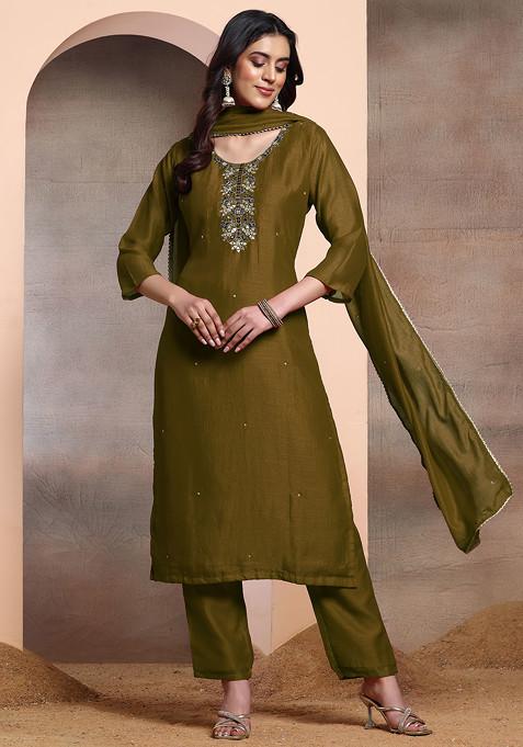 Copper Sequin Hand Embroidered Kurta Set With Pants And Dupatta