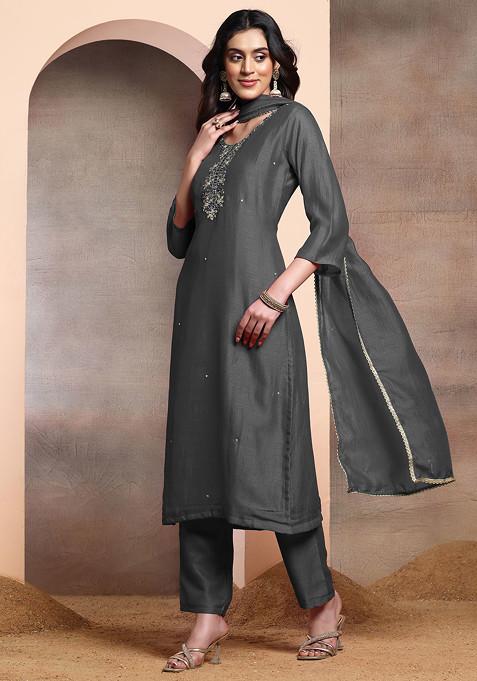 Charcoal Black Sequin Hand Embroidered Kurta Set With Pants And Dupatta