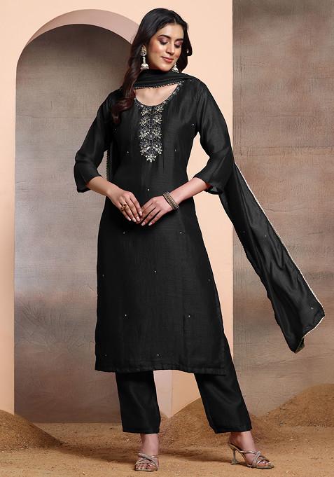 Black Sequin Hand Embroidered Kurta Set With Pants And Dupatta