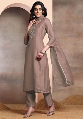 Light Brown Sequin Hand Embroidered Kurta Set With Pants And Dupatta