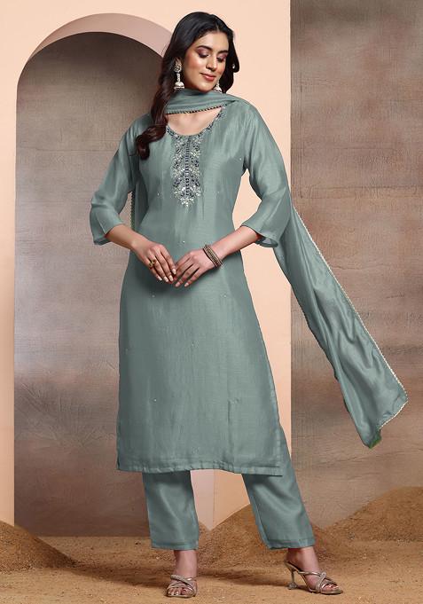 Dusty Blue Sequin Hand Embroidered Kurta Set With Pants And Dupatta