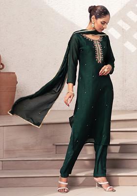 Deep Green Hand Embroidered Kurta Set With Pants And Dupatta