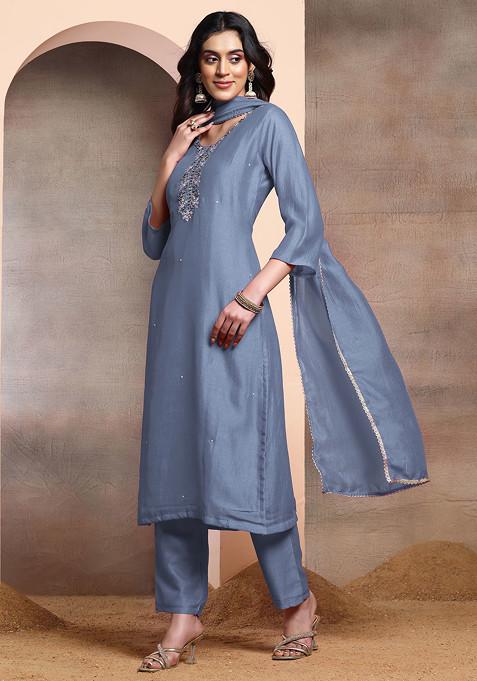 Steel Blue Sequin Hand Embroidered Kurta Set With Pants And Dupatta