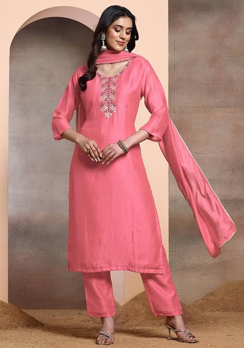 Light Pink Sequin Hand Embroidered Kurta Set With Pants And Dupatta