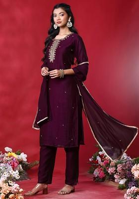 Wine Hand Embroidered Kurta Set With Pants And Dupatta