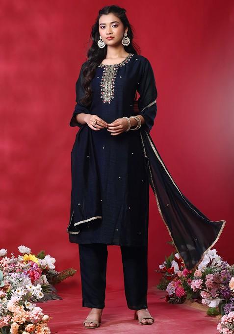 Navy Blue Hand Embroidered Kurta Set With Pants And Dupatta