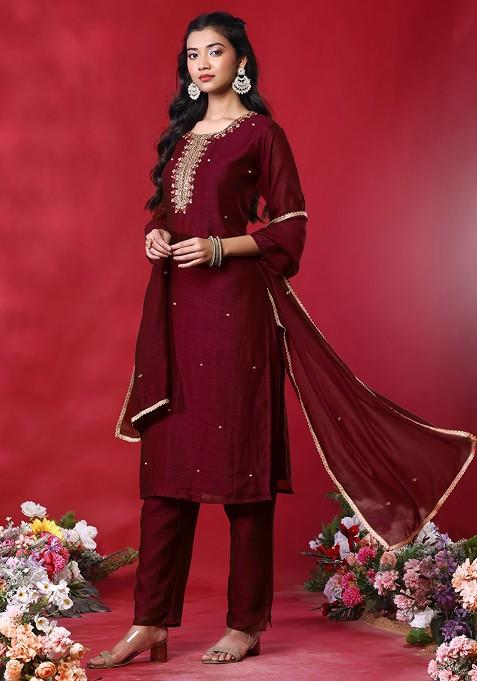 Crimson Red Hand Embroidered Kurta Set With Pants And Dupatta