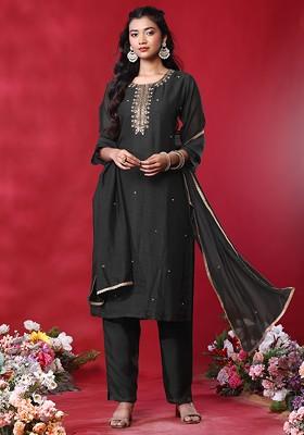 Charcoal Black Hand Embroidered Kurta Set With Pants And Dupatta