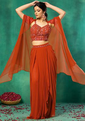 Orange Jacket Set With Floral Hand Embroidered Blouse And Skirt