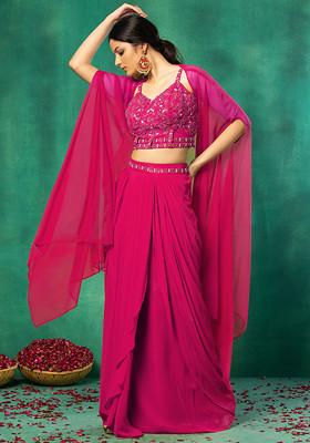 Hot Pink Jacket Set With Floral Hand Embroidered Blouse And Skirt