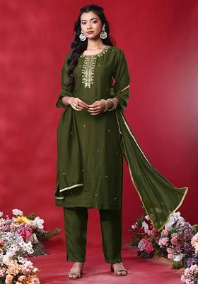 Olive Green Hand Embroidered Kurta Set With Pants And Dupatta