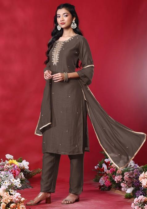 Light Brown Hand Embroidered Kurta Set With Pants And Dupatta