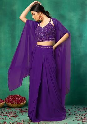 Purple Jacket Set With Floral Hand Embroidered Blouse And Skirt