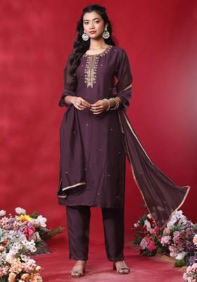 Old Mauve Hand Embroidered Kurta Set With Pants And Dupatta