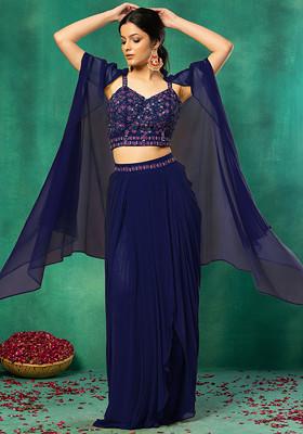 Navy Blue Jacket Set With Floral Hand Embroidered Blouse And Skirt