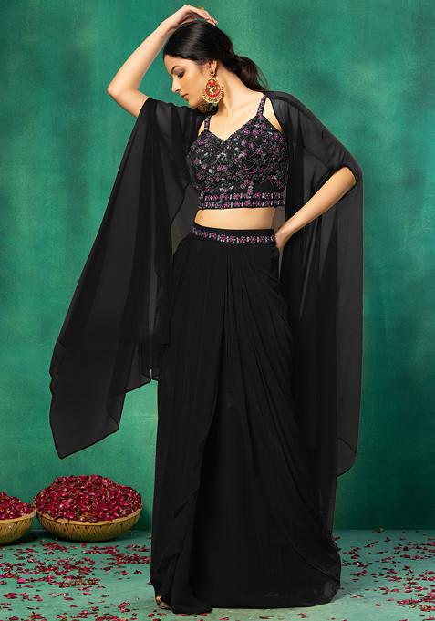 Black Jacket Set With Floral Hand Embroidered Blouse And Skirt