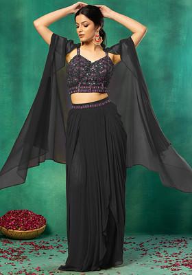 Charcoal Black Jacket Set With Floral Hand Embroidered Blouse And Skirt