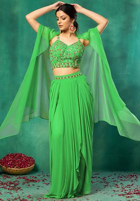 Green Jacket Set With Floral Hand Embroidered Blouse And Skirt