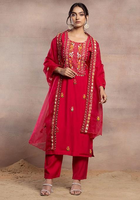 Rani Pink Floral Multicolour Thread Embroidered Kurta Set With Pants And Organza Dupatta