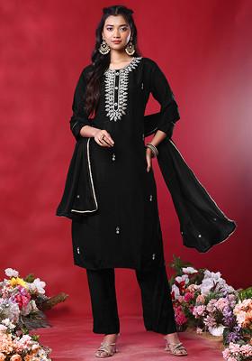 Black Zari Leaf Hand Embroidered Kurta Set With Pants And Dupatta