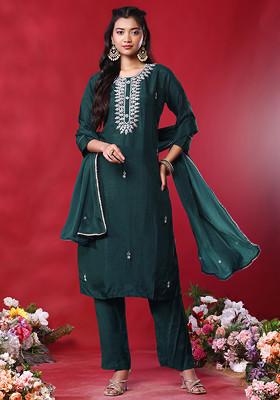 Green Zari Leaf Hand Embroidered Kurta Set With Pants And Dupatta