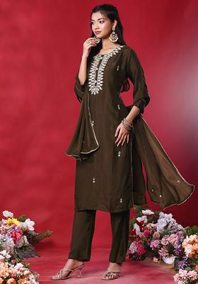 Copper Zari Leaf Hand Embroidered Kurta Set With Pants And Dupatta