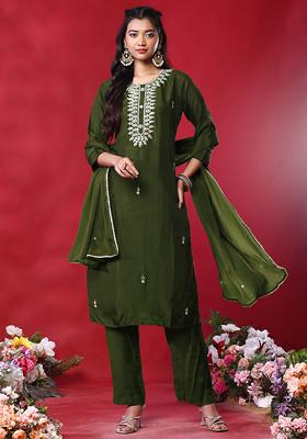 Olive Green Zari Leaf Hand Embroidered Kurta Set With Pants And Dupatta