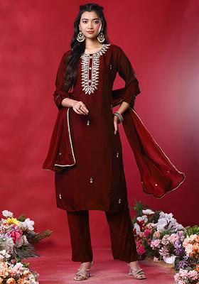 Crimson Red Zari Leaf Hand Embroidered Kurta Set With Pants And Dupatta