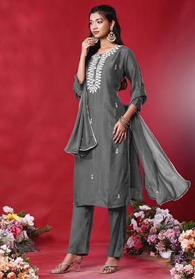 Grey Zari Leaf Hand Embroidered Kurta Set With Pants And Dupatta