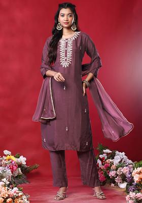 Old Mauve Zari Leaf Hand Embroidered Kurta Set With Pants And Dupatta