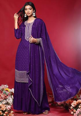 Purple Sharara Set With Hand Work Kurta And Dupatta