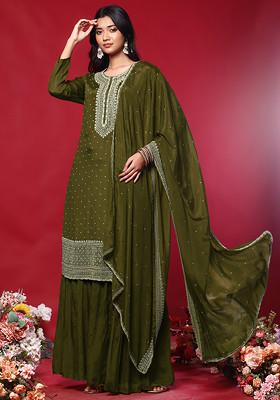 Olive Green Sharara Set With Hand Work Kurta And Dupatta