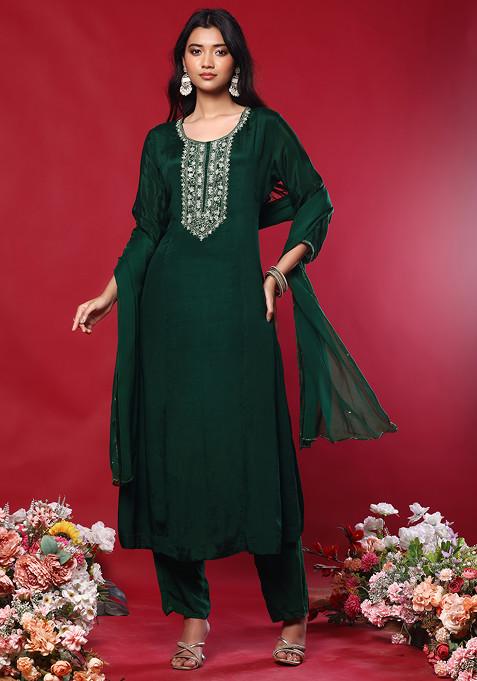 Deep Green Floral Sequin Hand Embroidered Kurta Set With Pants And Dupatta