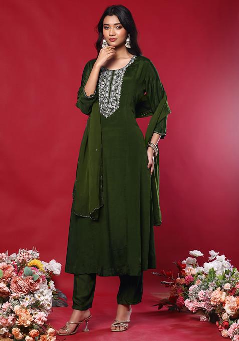 Olive Green Floral Sequin Hand Embroidered Kurta Set With Pants And Dupatta