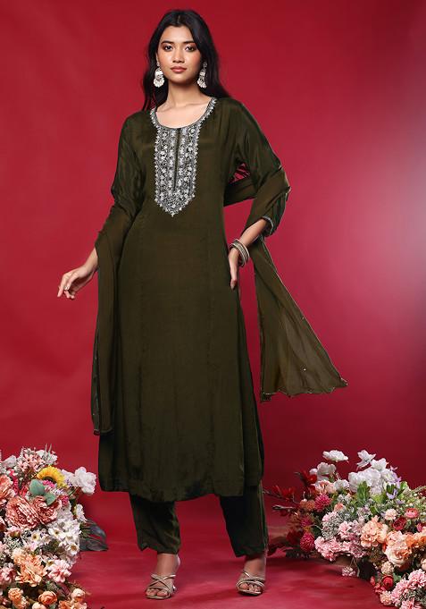Copper Floral Sequin Hand Embroidered Kurta Set With Pants And Dupatta
