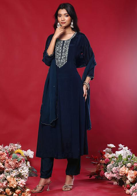 Navy Blue Floral Sequin Hand Embroidered Kurta Set With Pants And Dupatta