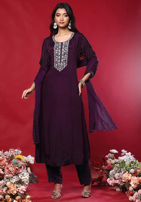 Wine Floral Sequin Hand Embroidered Kurta Set With Pants And Dupatta