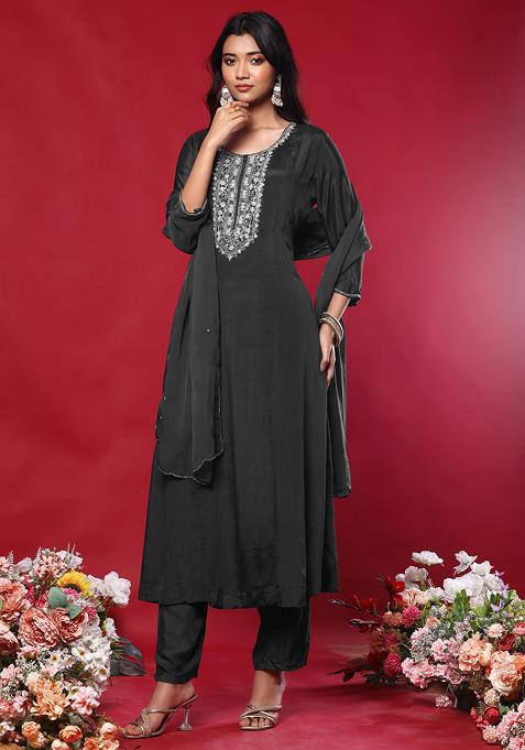 Charcoal Black Floral Sequin Hand Embroidered Kurta Set With Pants And Dupatta