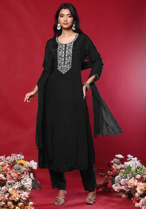 Black Floral Sequin Hand Embroidered Kurta Set With Pants And Dupatta
