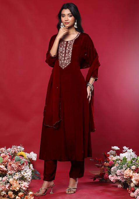Crimson Red Floral Sequin Hand Embroidered Kurta Set With Pants And Dupatta