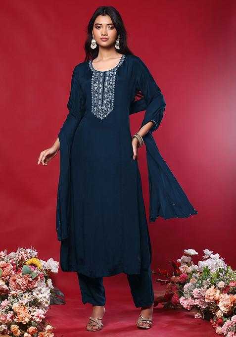 Teal Floral Sequin Hand Embroidered Kurta Set With Pants And Dupatta