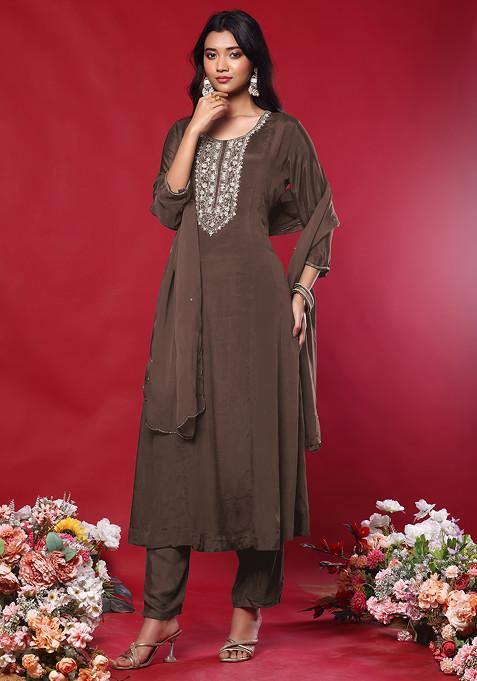 Light Brown Floral Sequin Hand Embroidered Kurta Set With Pants And Dupatta