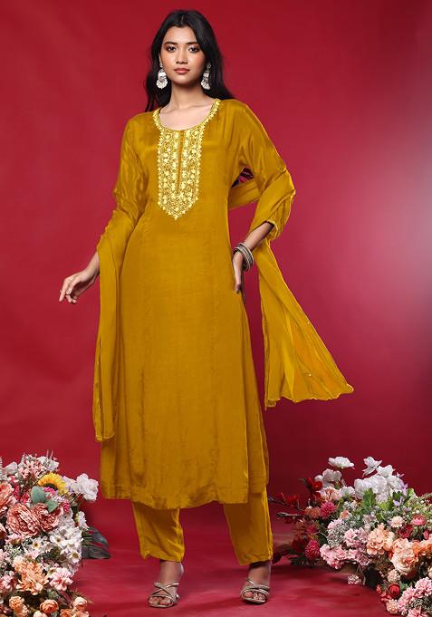 Mustard Floral Sequin Hand Embroidered Kurta Set With Pants And Dupatta