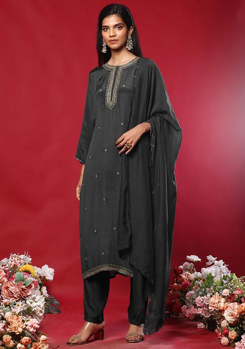 Charcoal Black Floral Hand Embroidered Kurta Set With Pants And Organza Dupatta