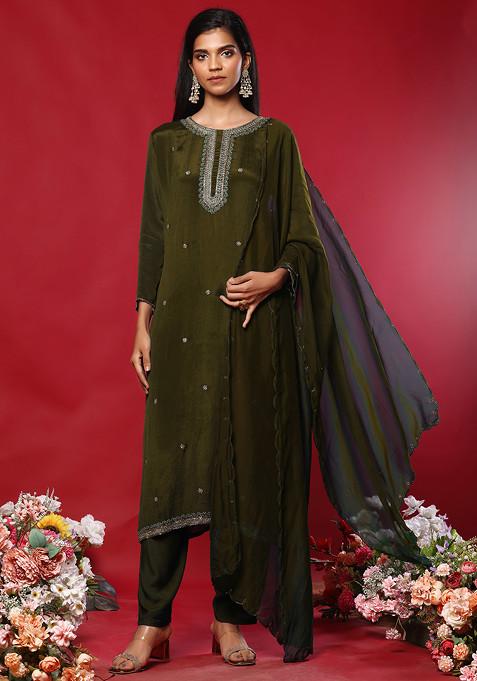 Olive Green Floral Hand Embroidered Kurta Set With Pants And Organza Dupatta