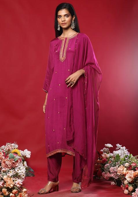 Hot Pink Floral Hand Embroidered Kurta Set With Pants And Organza Dupatta