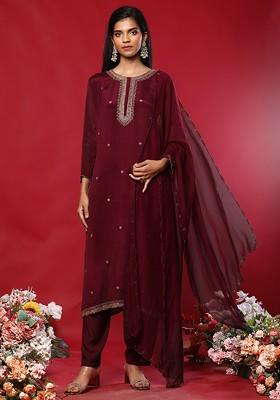 Maroon Floral Hand Embroidered Kurta Set With Pants And Organza Dupatta
