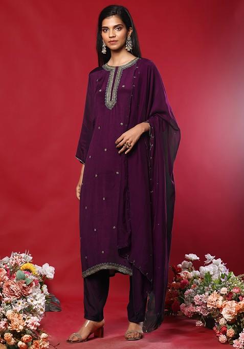 Wine Floral Hand Embroidered Kurta Set With Pants And Organza Dupatta