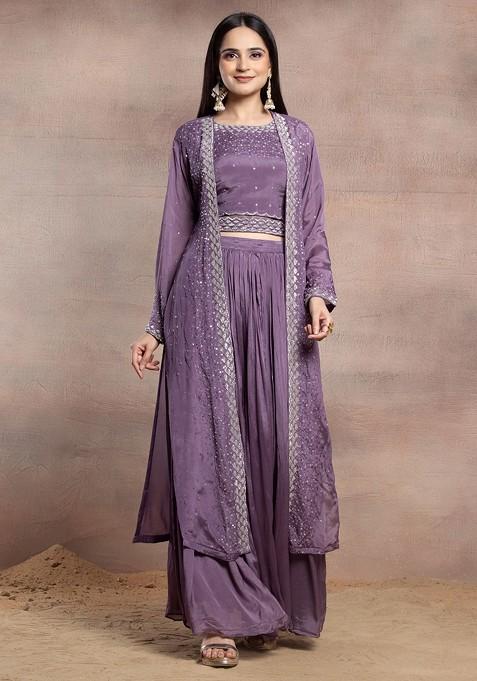 Mauve Lehenga And Hand Embroidered Blouse Set With Jacket And Belt